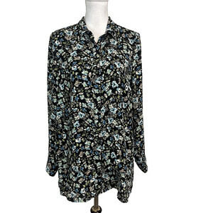 J. Jill Blouse Tunic size Medium Black Blue Green Floral Oversized Cottage Core